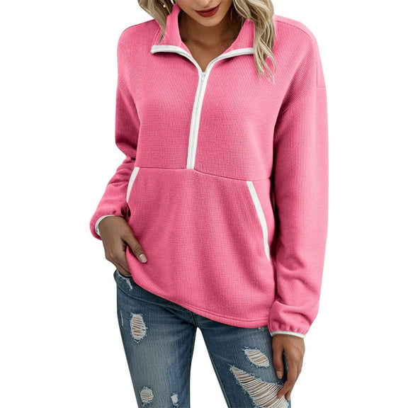 Annhoo Sweatshirts for Women Half Zipper Collared Long Sleeve Blouses Loose Solid Color Outdoor Casual Tops with Pockets