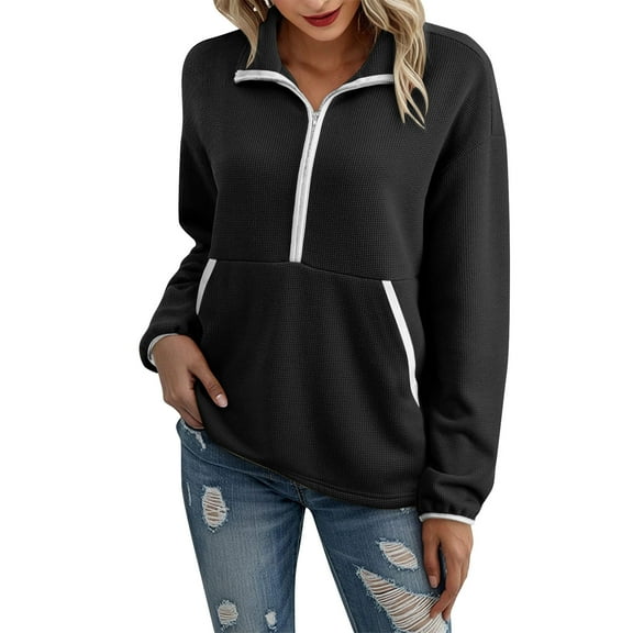 Annhoo Sweatshirts for Women Half Zipper Collared Long Sleeve Blouses Loose Solid Color Outdoor Casual Tops with Pockets