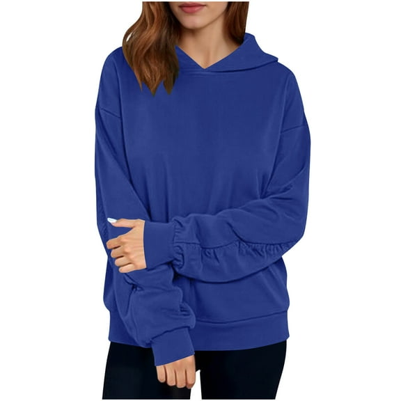 Annhoo Sweatshirts for Women Pleated Long Sleeve Hooded Blouses Pullover Solid Color Daily Outdoor Casual Knit Shirts