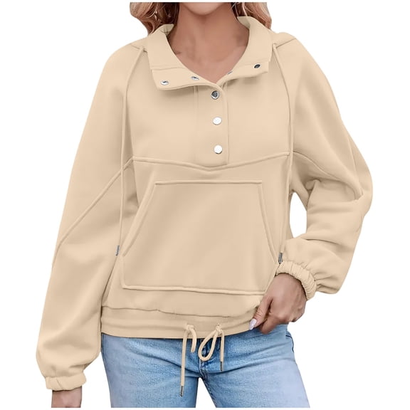 Annhoo Sweatshirts for Women Trendy Outdoor Drawstring Long Sleeve Tops Button Down Collared Casual Blouse with Pocket