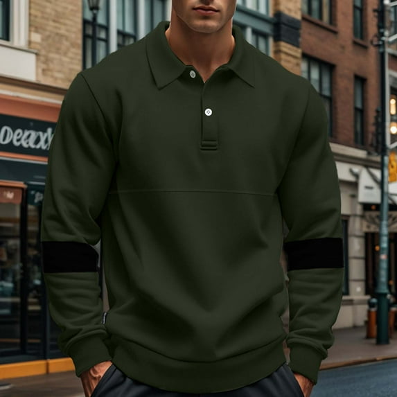 Annhoo T-Shirts for Men Color Block Button Up Long Sleeve Tops Sports Collared Slim Solid Color Work Shirts Casual Pullover