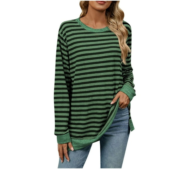 Annhoo T Shirts for Women Casual Round Neck Long Sleeve Striped Pullovers Loose Side Slit Color Block Tops