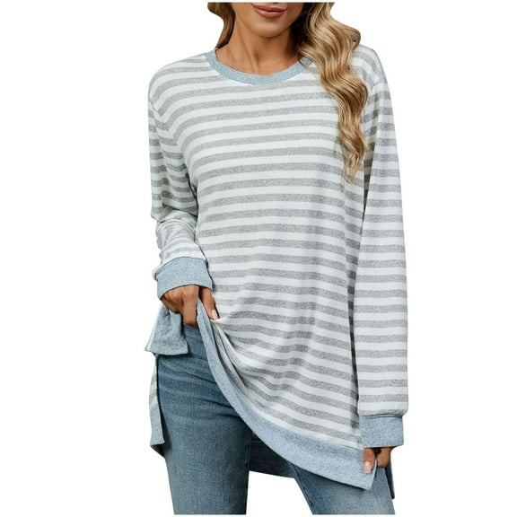 Annhoo T Shirts for Women Casual Round Neck Long Sleeve Striped Pullovers Loose Side Slit Color Block Tops