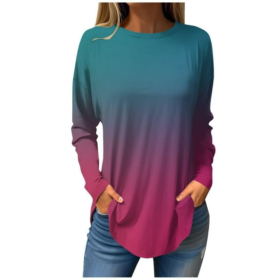 Annhoo T Shirts for Women Long Sleeve Fall Plus Size Crew Neck Dressy Shirts Fashion Gradient Color Tunics