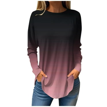 Annhoo T Shirts for Women Long Sleeve Fall Plus Size Crew Neck Dressy Shirts Fashion Gradient Color Tunics