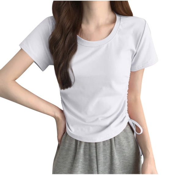 Annhoo T-Shirts for Women Trendy Drawstring Solid Color Pleated Crewneck Short Sleeve Tops Going Out Clothes