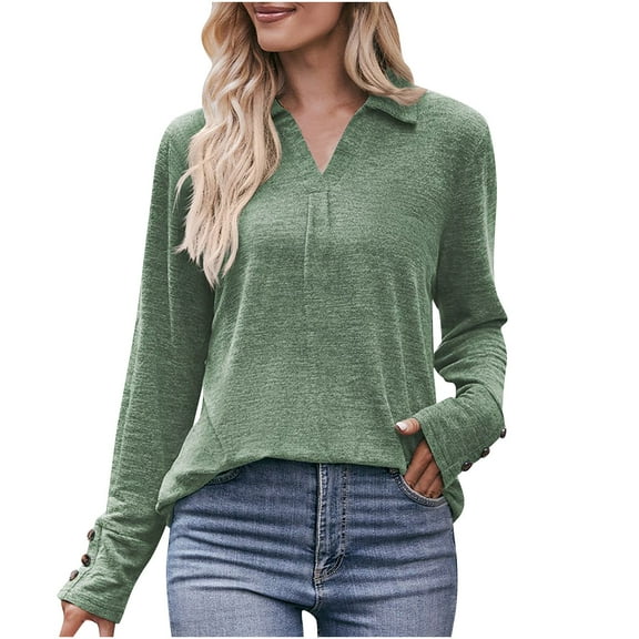 Annhoo T Shirts for Women V Neck Button Long Sleeve Collared T Shirts Fall Business Ofice Lounge Blouses