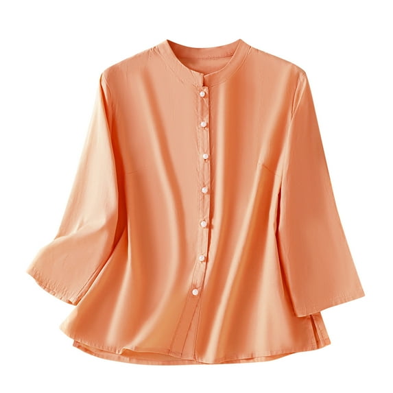 Annhoo T Shirts for Womens Dressy Casual Crewneck Button Down Linen Long Sleeve Tops Spring Summer Clothes