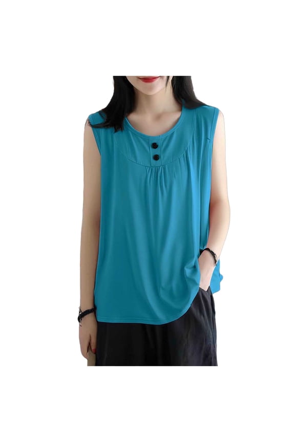 Tank Tops for Women Flowy Pleated Button Decor Crewneck Solid Color Sleeveless Shirts Loose Casual Blouse