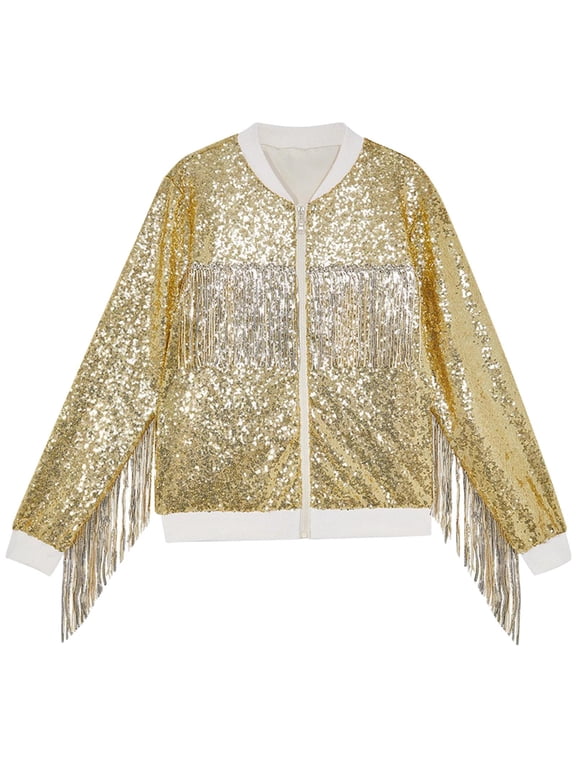 Tassel Sequin Jacket for Kids Trendy Sparkly Long Sleeve Zipper up Bomber Jackets Boys Girls Evening Party Clothes