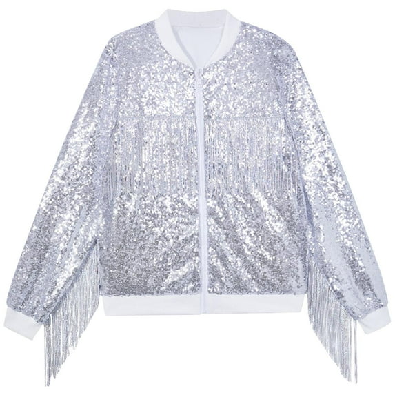 Annhoo Tassel Sequin Jacket for Kids Trendy Sparkly Long Sleeve Zipper up Bomber Jackets Boys Girls Evening Party Clothes