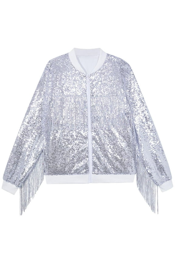 Tassel Sequin Jacket for Kids Trendy Sparkly Long Sleeve Zipper up Bomber Jackets Boys Girls Evening Party Clothes