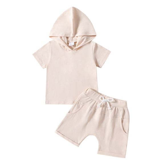 Annhoo Toddler Baby Girls Boys Summer Clothes Short Sleeve Hooded Sweatshirt Tops Shorts with Pockets Set 2PCS