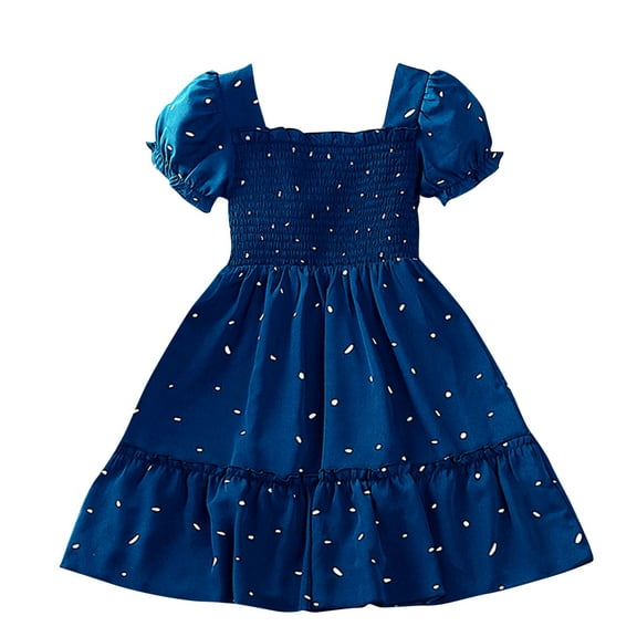 Annhoo Toddler Baby Girls Short Sleeve Dress Trendy Printed Square Neck Smocked Dresses Knee-Length Princess Dress
