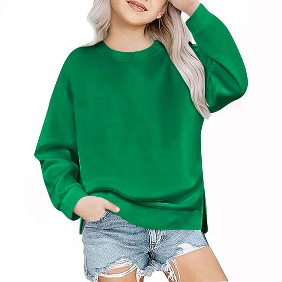 Annhoo Toddler Boys Girls Crewneck Sweashirts Fall Solid Color Long Sleeve Pullover Tops Trendy Side Slit Outfits for Kids