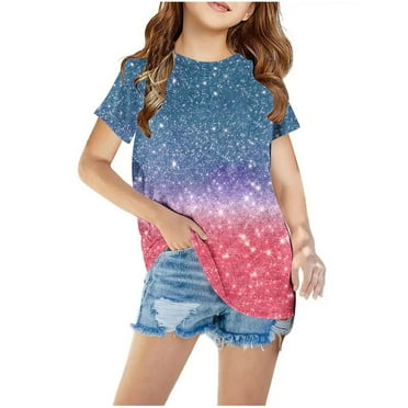 Annhoo Toddler Girls T Shirts Sparkle Print Short Sleeve Crewneck Blouses Summer Trendy Kids Clothes 3-12 Years
