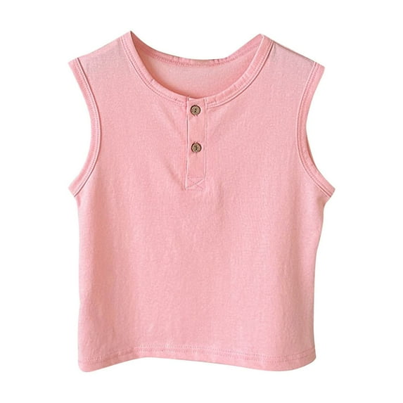 Annhoo Toddler Kids Summer Tank Tops Cotton Crew Neck Button Sleeveless Shirts Cute Solid Girls Blouses 1-9 Years