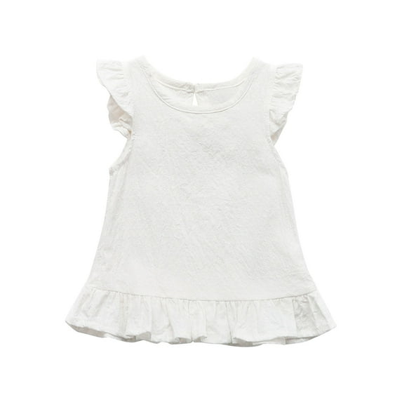 Annhoo Toddler Linen Tops Crewneck Solid Color Ruffled Decor Short Sleeve Shirts Children Cute Clothes