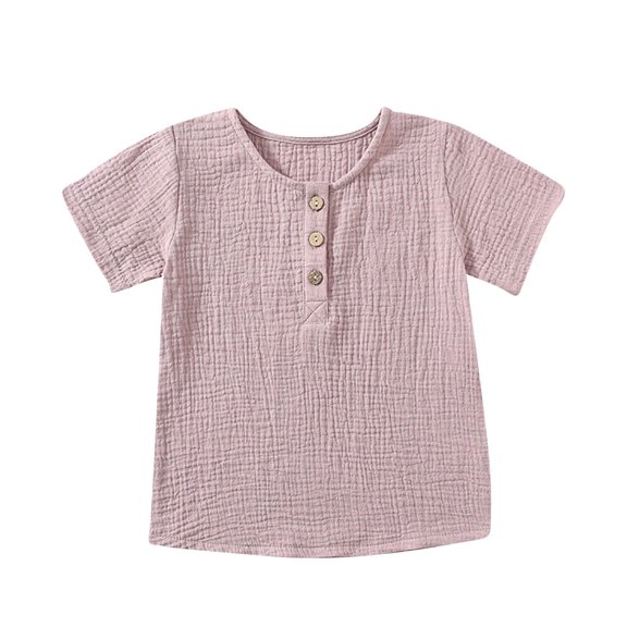 Annhoo Toddler Shirt Short Sleeve Button Round Neck Solid Color Linen Pleat Tops Lightweight Soft Clothes