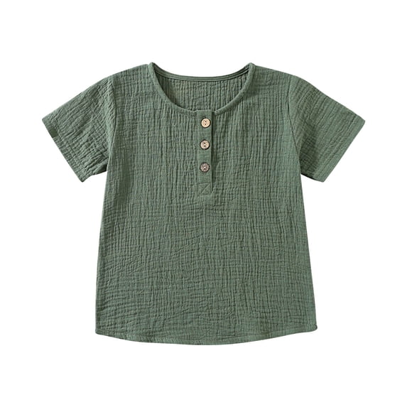 Annhoo Toddler Shirt Short Sleeve Button Round Neck Solid Color Linen Pleat Tops Lightweight Soft Clothes