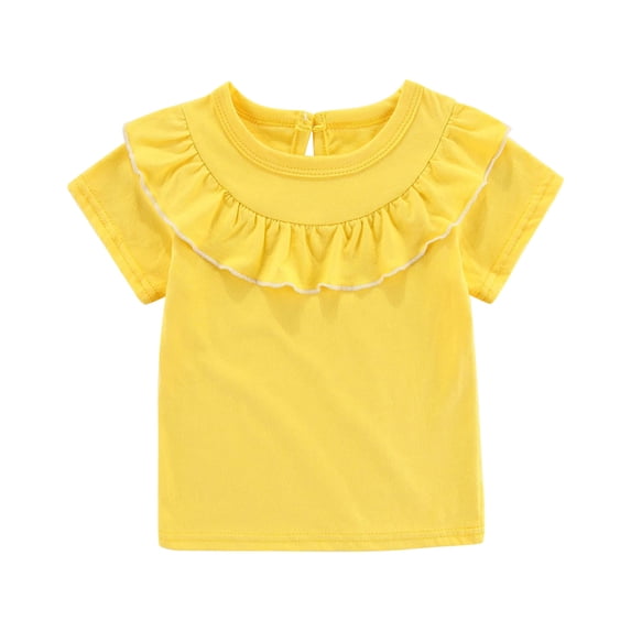 Annhoo Toddler Unisex Shirt Girls Ruffled Decor Solid Color Crewneck Short Sleeve Tops Cotton Cute Kids Clothes