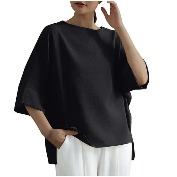 Annhoo Tops for Women Cotton Linen Crew Neck Side Slit Half Sleeve Shirts 2027 Summer Casual Comfy Oversized Tunics