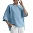 thumbnail image 1 of Annhoo Tops for Women Cotton Linen Crew Neck Side Slit Half Sleeve Shirts 2028 Summer Casual Comfy Oversized Tunics, 1 of 6