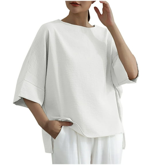 Annhoo Tops for Women Cotton Linen Crew Neck Side Slit Half Sleeve Shirts 2029 Summer Casual Comfy Oversized Tunics