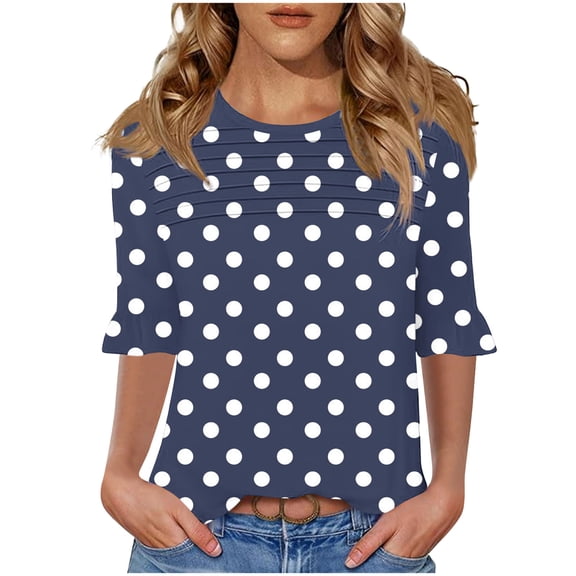 Annhoo Tops for Women Dressy Crew Neck Plus Size Dot Pattern Striped T-Shirts Ruffled Half Sleeve Casual Clothes