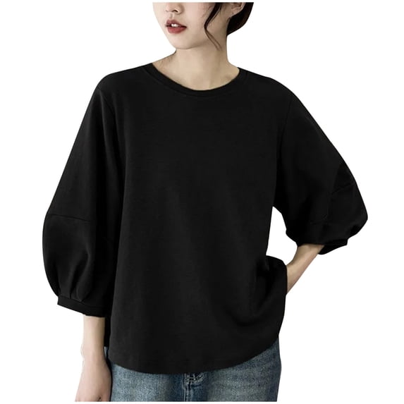 Annhoo Tops for Women Lightweight Crewneck Loose Pullover Solid Color Casual 3/4 Sleeve Shirts Oversized Clothes