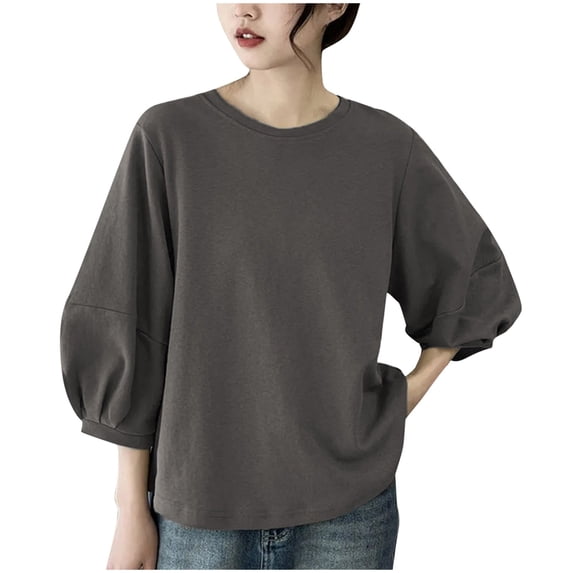 Annhoo Tops for Women Lightweight Crewneck Loose Pullover Solid Color Casual 3/4 Sleeve Shirts Oversized Clothes