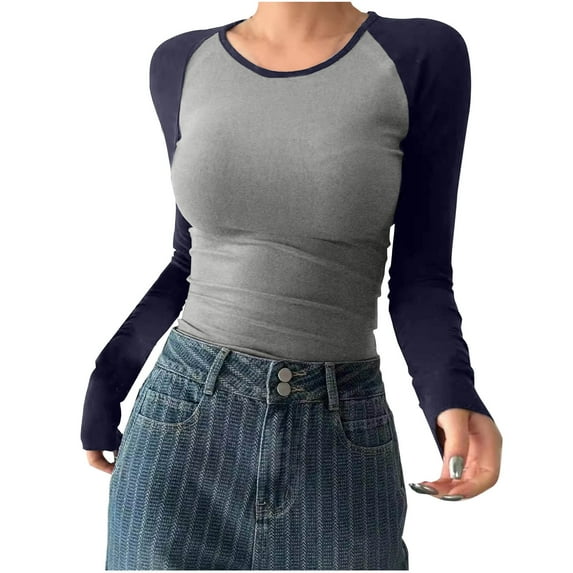 Annhoo Tops for Women Long Sleve Fall Winter Slim Round Neck Undershirts Elegant Tight Color Block T-Shirts