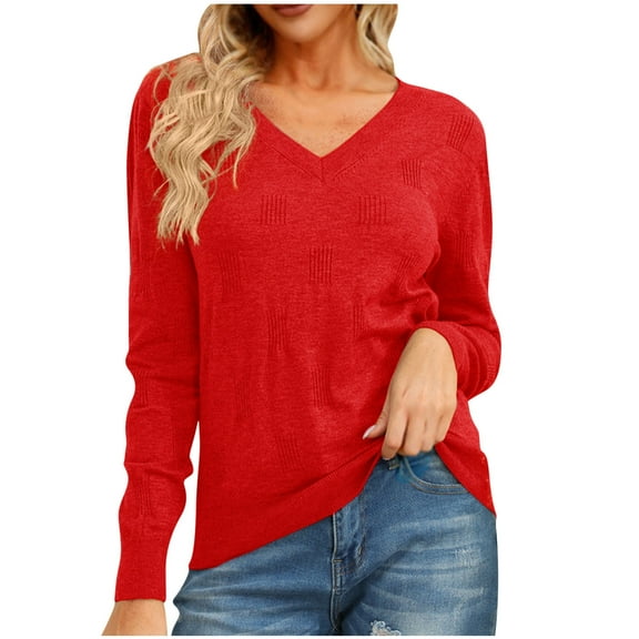 Annhoo Tops for Women Solid Color V-Neck Long Sleeve Casual Knitted Pullover Comfy Daily Workout Comfy Blouse T-Shirt