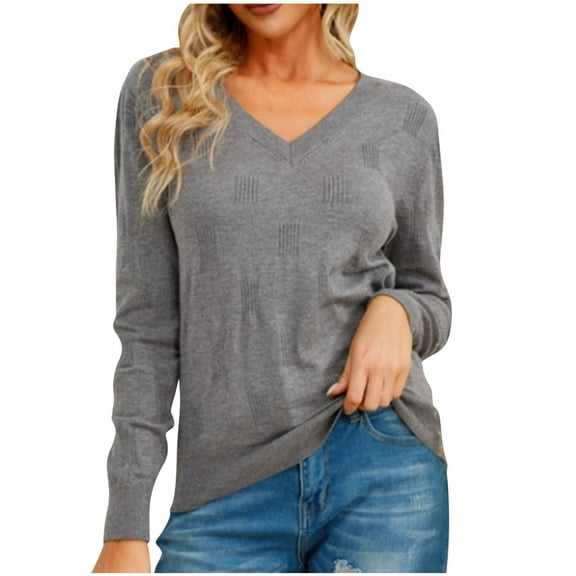 Annhoo Tops for Women Solid Color V-Neck Long Sleeve Casual Knitted Pullover Comfy Daily Workout Comfy Blouse T-Shirt