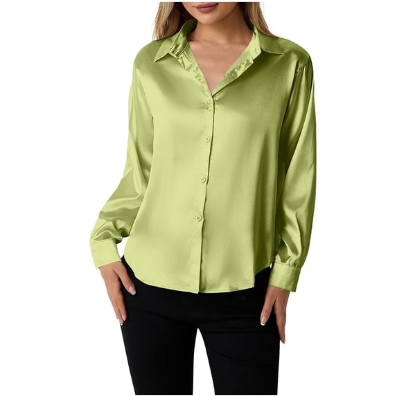 Annhoo Tops for Women Trendy Business Satin Collar Solid Color Button Down Dressy Long Sleeve Shirts Casual Clothes