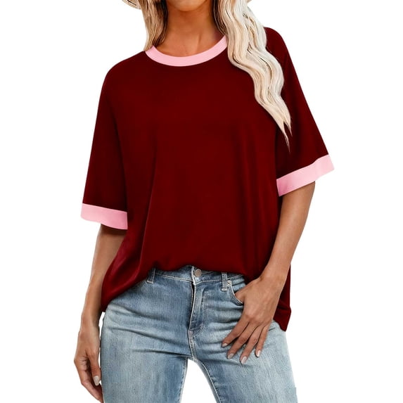 Annhoo Tops for Women Trendy Crewneck Block Color Loose Basic Short Sleeve Shirts Summer Casual Clothes