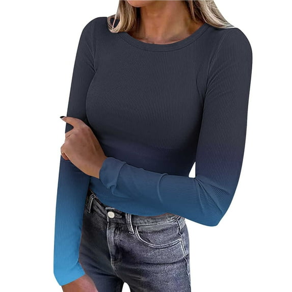 Annhoo Tops for Women Trendy Solid Color Crewneck Ribbed Knit Stretchable Slim Long Sleeve Shirts Casual Clothes