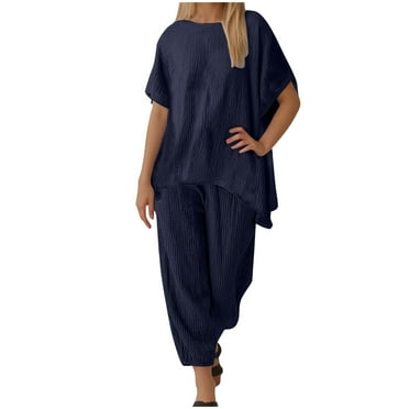 Annhoo Two Piece Sets for Women Casual Short Sleeve Round Neck Tops with Pants Plus Size Solid Color Outfits