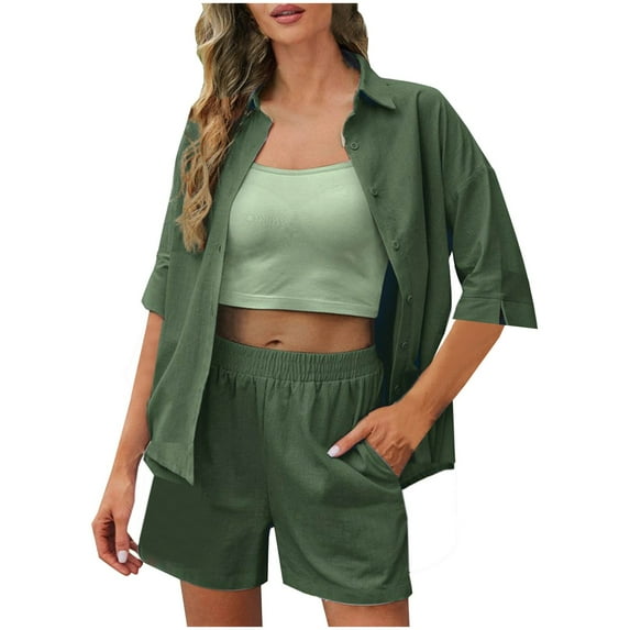 Annhoo Two Piece Sets for Women Summer Short Sleeve Button down Lapel Cardigan and Shorts with Pockets Beach Outfits