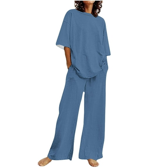 Annhoo Two Piece Sets for Women Summer Short Sleeve Crewneck Shirts With Wide Leg Pants Plus Size Lounge Outfits