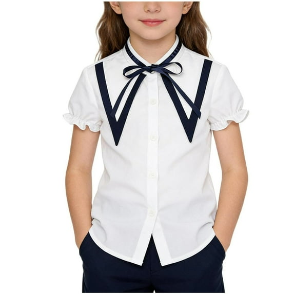 Annhoo Unisex School Uniform Button Down Ribbons Ruffled Decor Block Color Collar Short Sleeve Shirts Casual Clothes