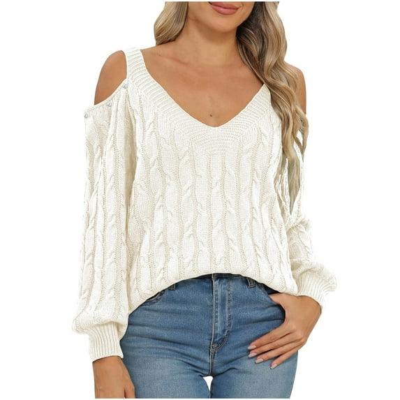 Annhoo V Neck Sweaters for Women Cold Shoulder Long Sleeve Cable Knitted Tops Fall Casual Going out Shirts