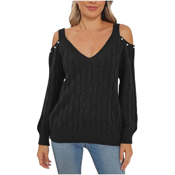 Annhoo V Neck Sweaters for Women Cold Shoulder Long Sleeve Cable Knitted Tops Fall Casual Going out Shirts