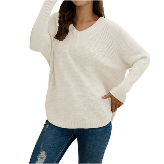 Annhoo V Neck Sweaters for Women Fall Long Sleeve Solid Color Pullover Tops Loose Comfy Knitted Blouse Tees