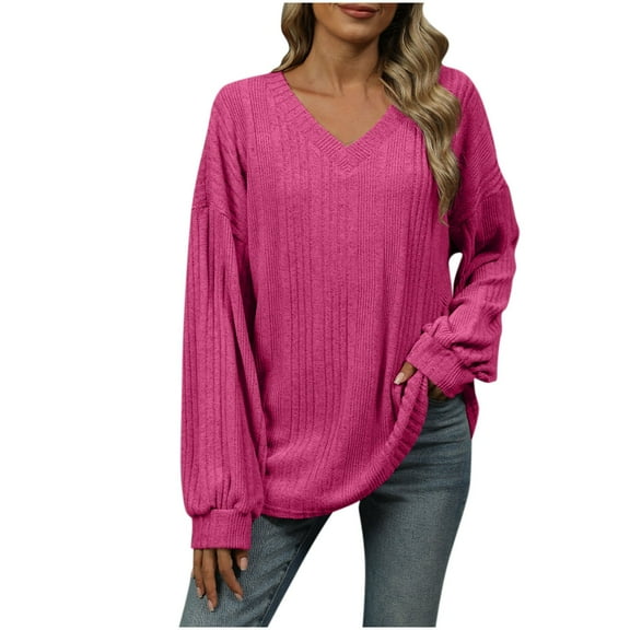 Annhoo V Neck T Shirts for Women Fall Casual Long Sleeve Knitted Sweater Tops Comfy Soft Basic Pullovers