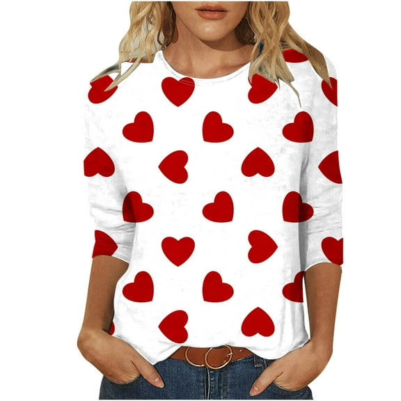 Annhoo Valentine's Day 3/4 Sleeve Shirts for Women Plus Size Casual Crewneck Tops Fashion Graphic Printed T-Shirts