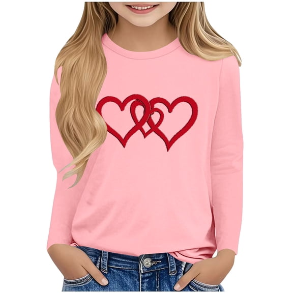 Annhoo Valentine's Day Shirts for Kids Long Sleeve Crewneck Solid Color Print Graphic Loose Tops Trendy Cute Clothes