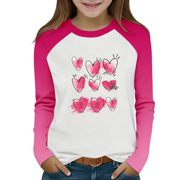 Annhoo Valentine's Day Tops for Girls Cute Long Sleeve Crewneck Block Color Print Shirts Casual Going Out Clothes