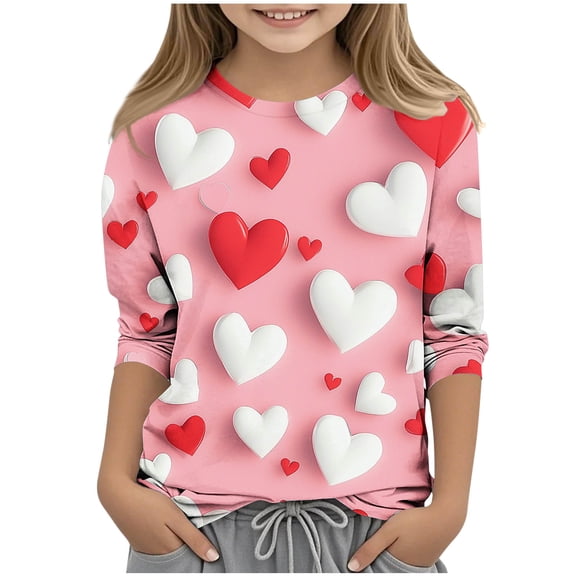Annhoo Valentine's Day Tops for Kids Three Quarter Sleeve Round Neck Cute Print Graphic Shirts Casual Clothes