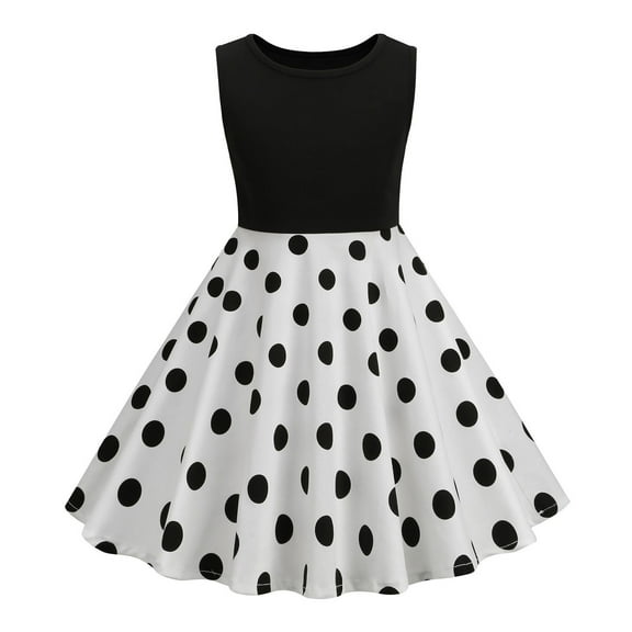 Annhoo Vintage Dress for Toddler Girls 1950s Retro Round Neck Sleeveless Dress Children's Polka Dots A Line Dress